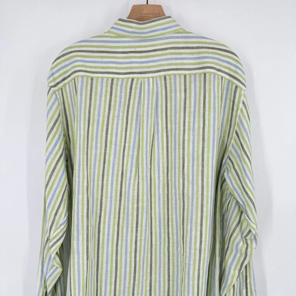 Banana Republic Linen Men's Striped Button Down Shirt Green Blue Size Large
